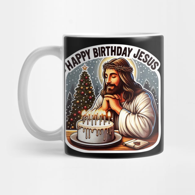 Happy Birthday Jesus Make A Wish Birthday Cake Christmas Trees Snowing by Plushism